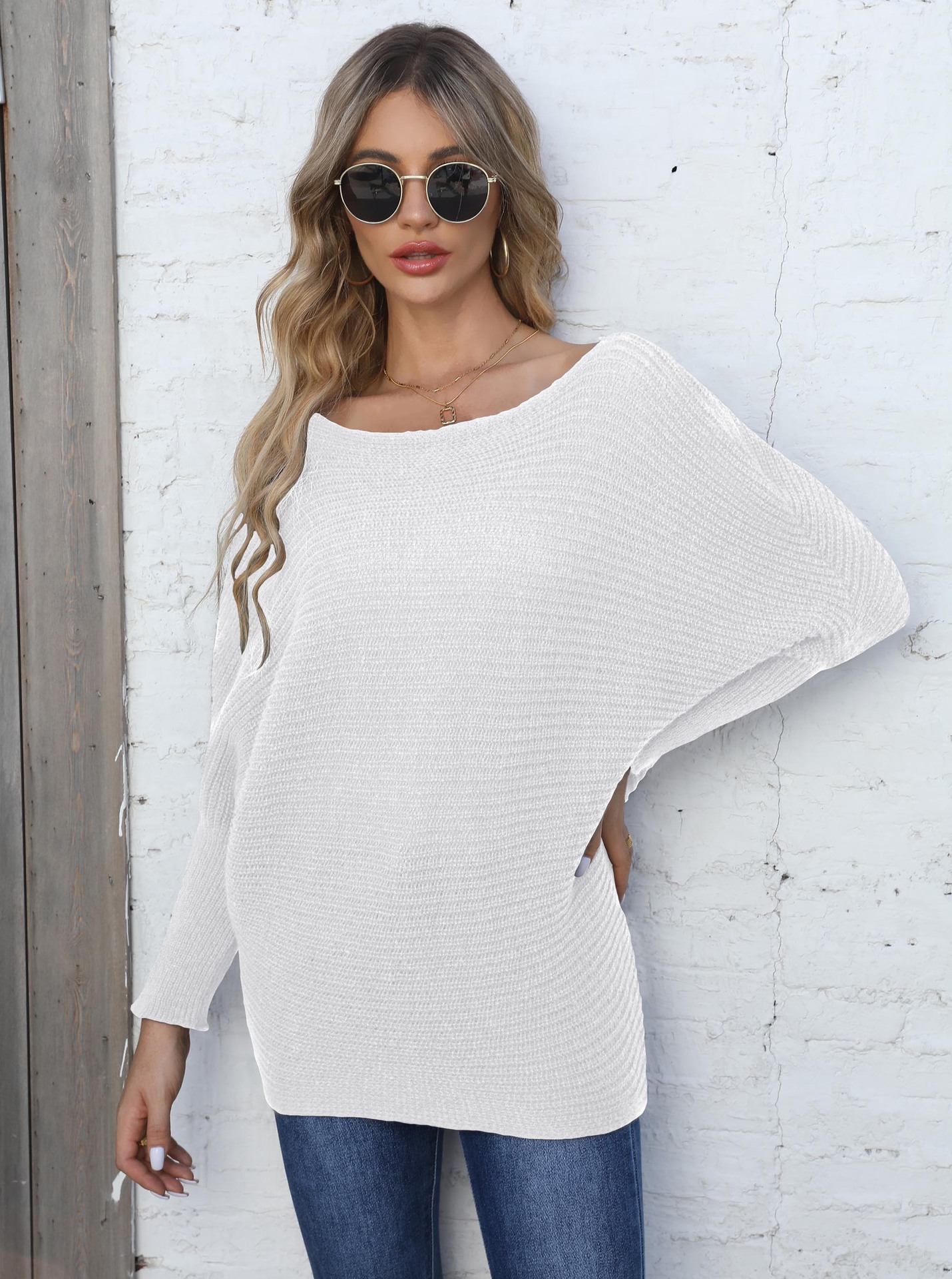 Women's Striped Batwing Sleeve Off-Shoulder Knit Sweater