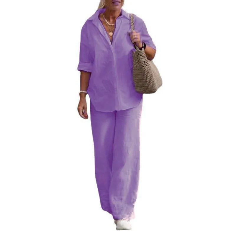 Women's Plus Size Two-Piece Lounge Set with Half-Sleeve Collared Shirt and Pants