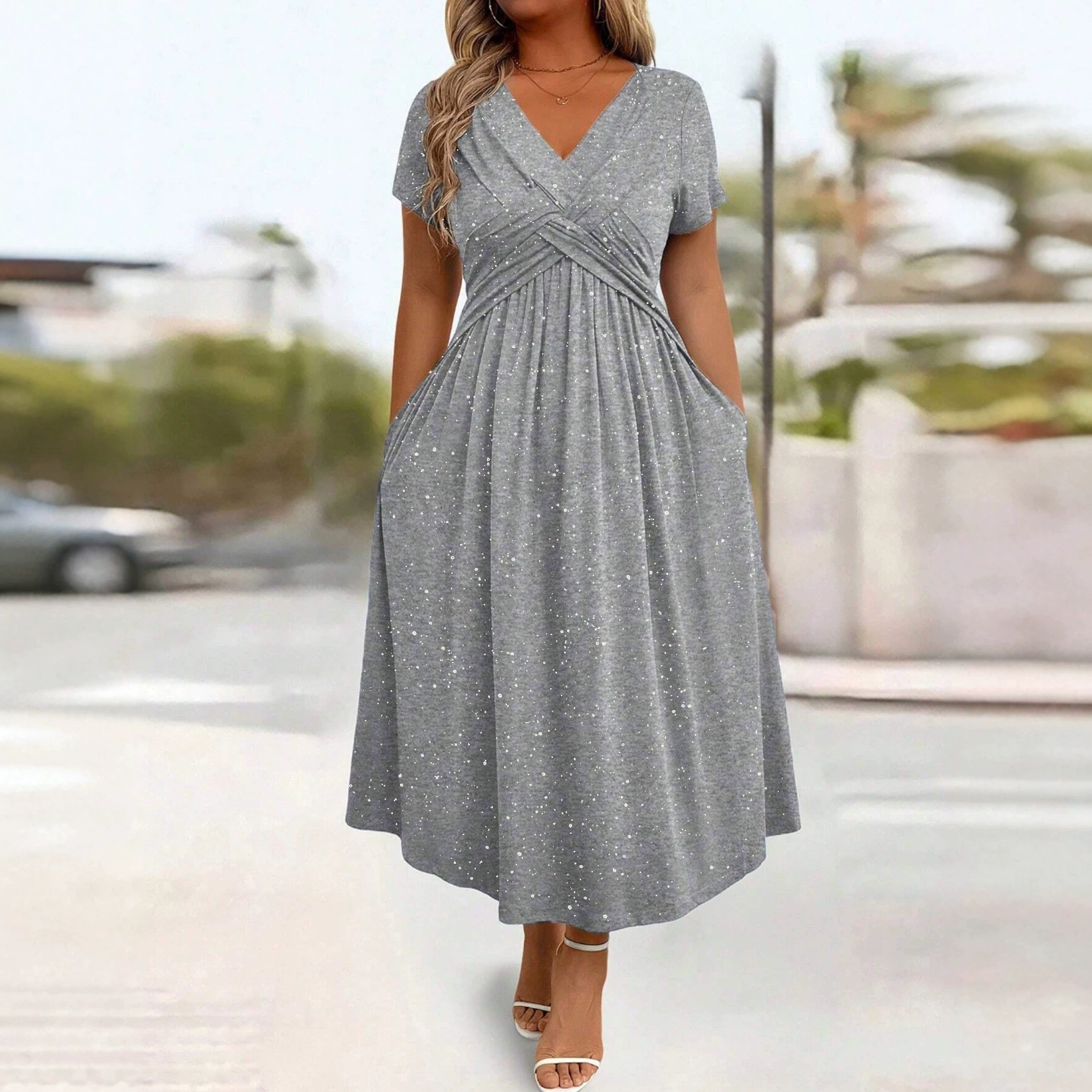 Sparkling V-Neck Short Sleeve Fitted Midi Dress