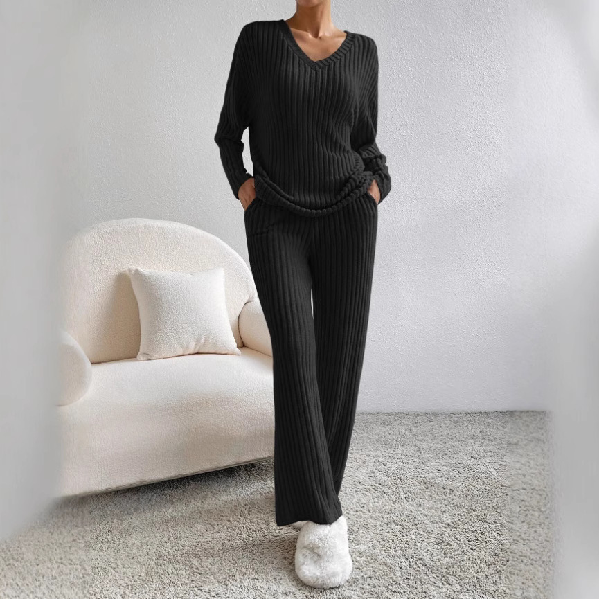 Women's Casual Straight-Leg Ribbed V-Neck Pant Set