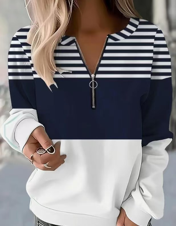 Women's Half-Zip Colorblock Striped Long-Sleeve Sweatshirt