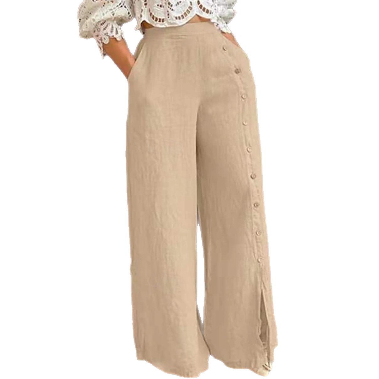 Women's Casual Wide-Leg Pants with Pockets and Button Design