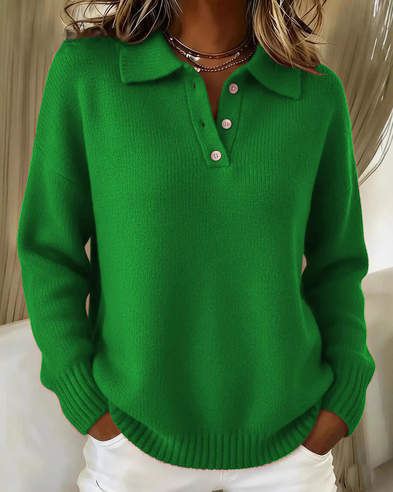 Women's Loose Relaxed Soft Knit Sweater with Collar and Buttons Long Sleeve