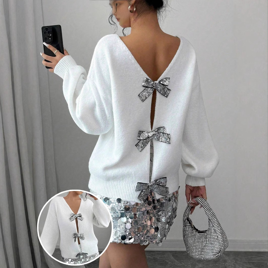 Sequin Bow Loose Long-Sleeve Knit Cardigan Sweater