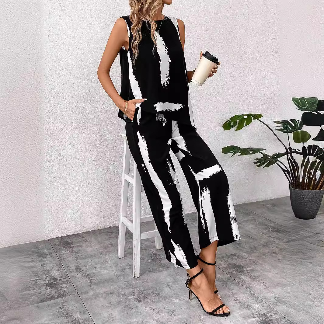 Women's Casual Sleeveless Printed Top and Straight-Leg Pants Set