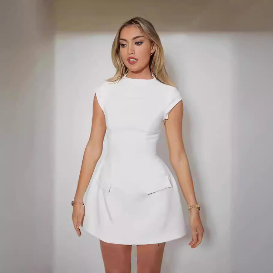 Solid Crewneck Pocket Cinched Waist A-Line Dress