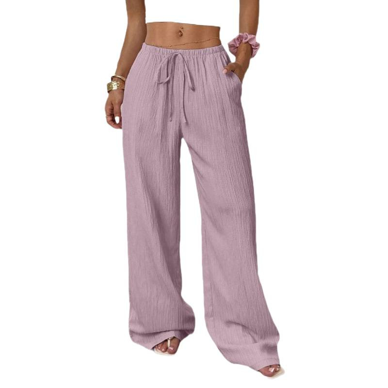 Women's Casual Textured Tie-Waist Wide-Leg Pants with Angled Pockets