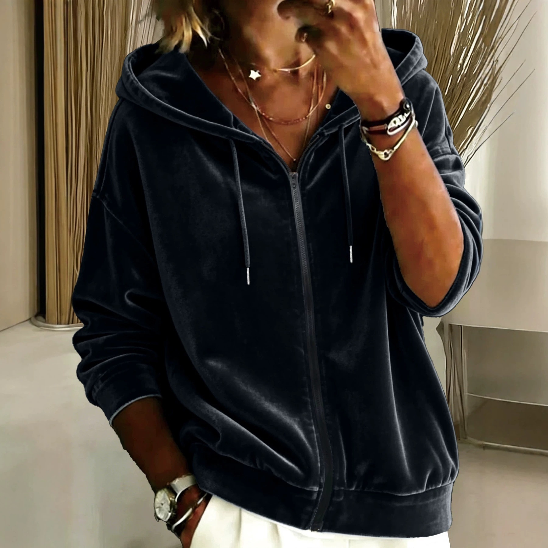 Women's Solid Color Drawstring Hooded Zip-Up Long Sleeve Sweatshirt