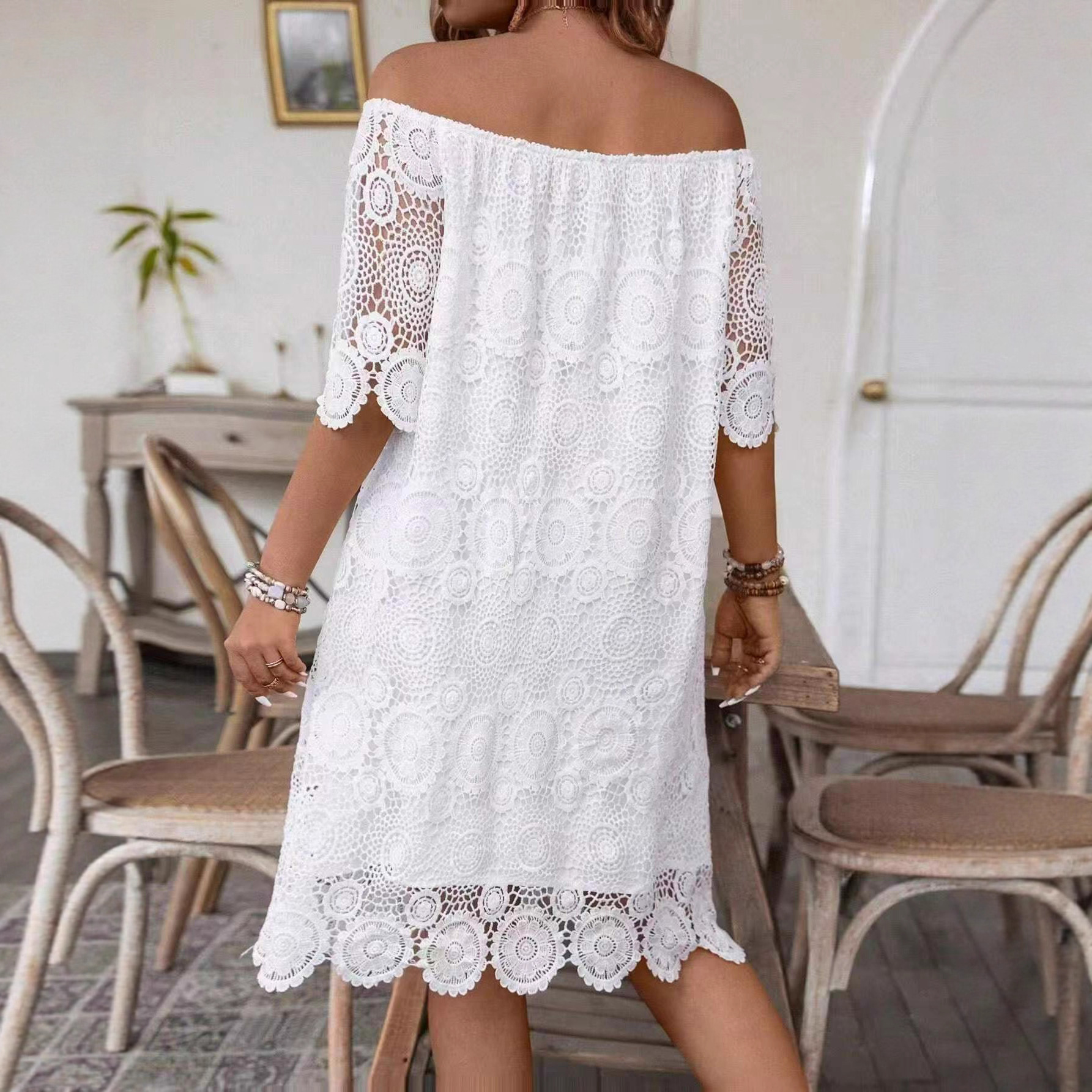 Women's Off-Shoulder Short Sleeve Lace Hollow Out Dress
