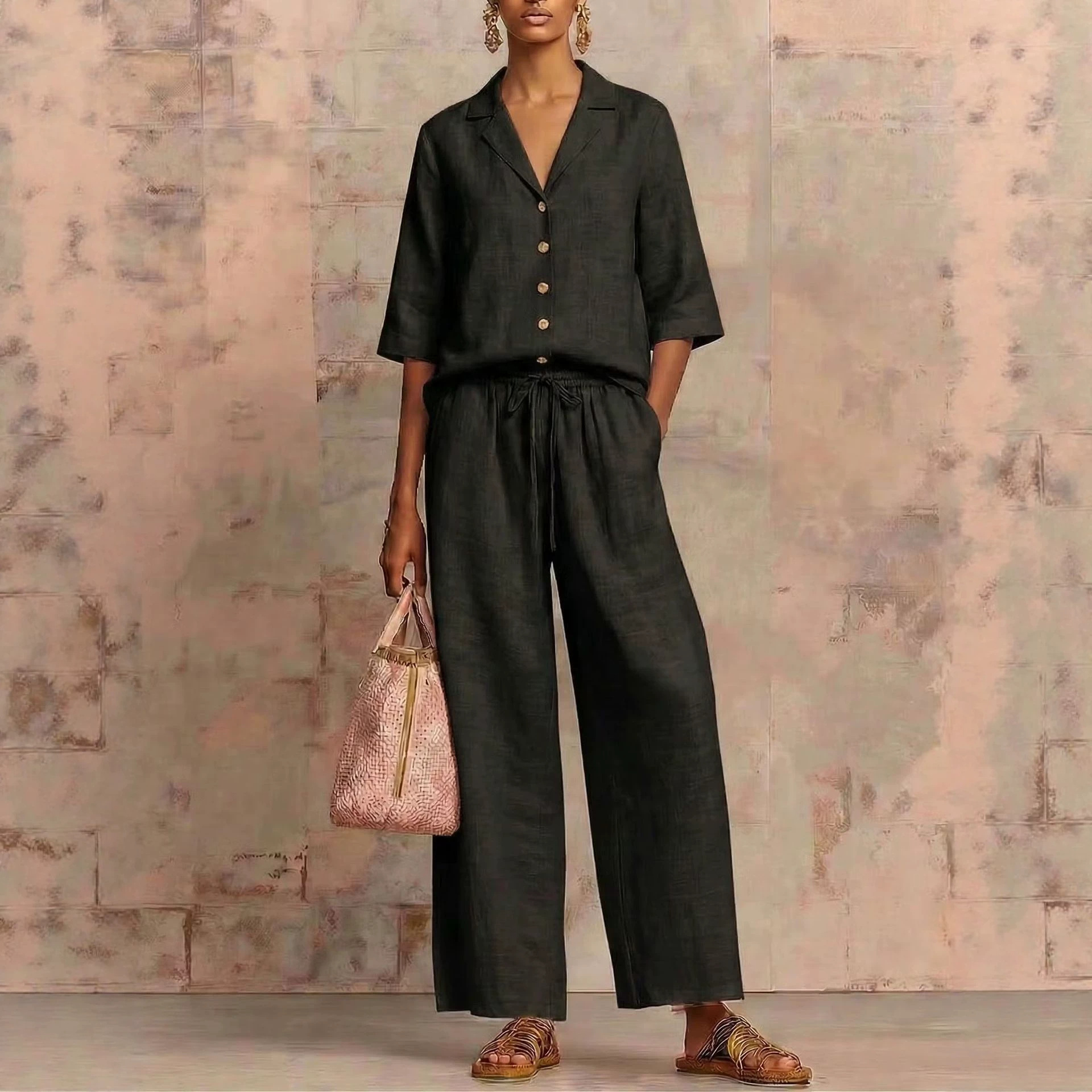 Women's Casual Solid Button Crew Neck Wide Leg Pants Set