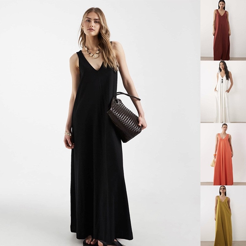 Women's Solid V-Neck Sleeveless Maxi Dress Loose Flowy