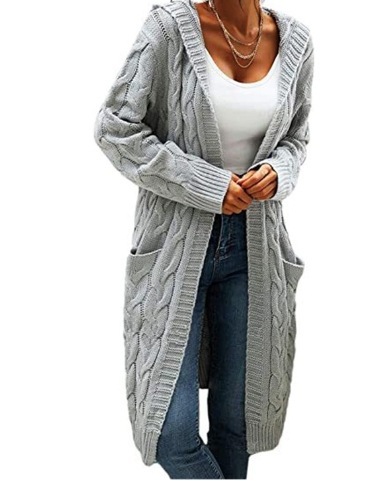 Women's Hooded Cable Knit Open-Front Cardigan Sweater, Mid-Length