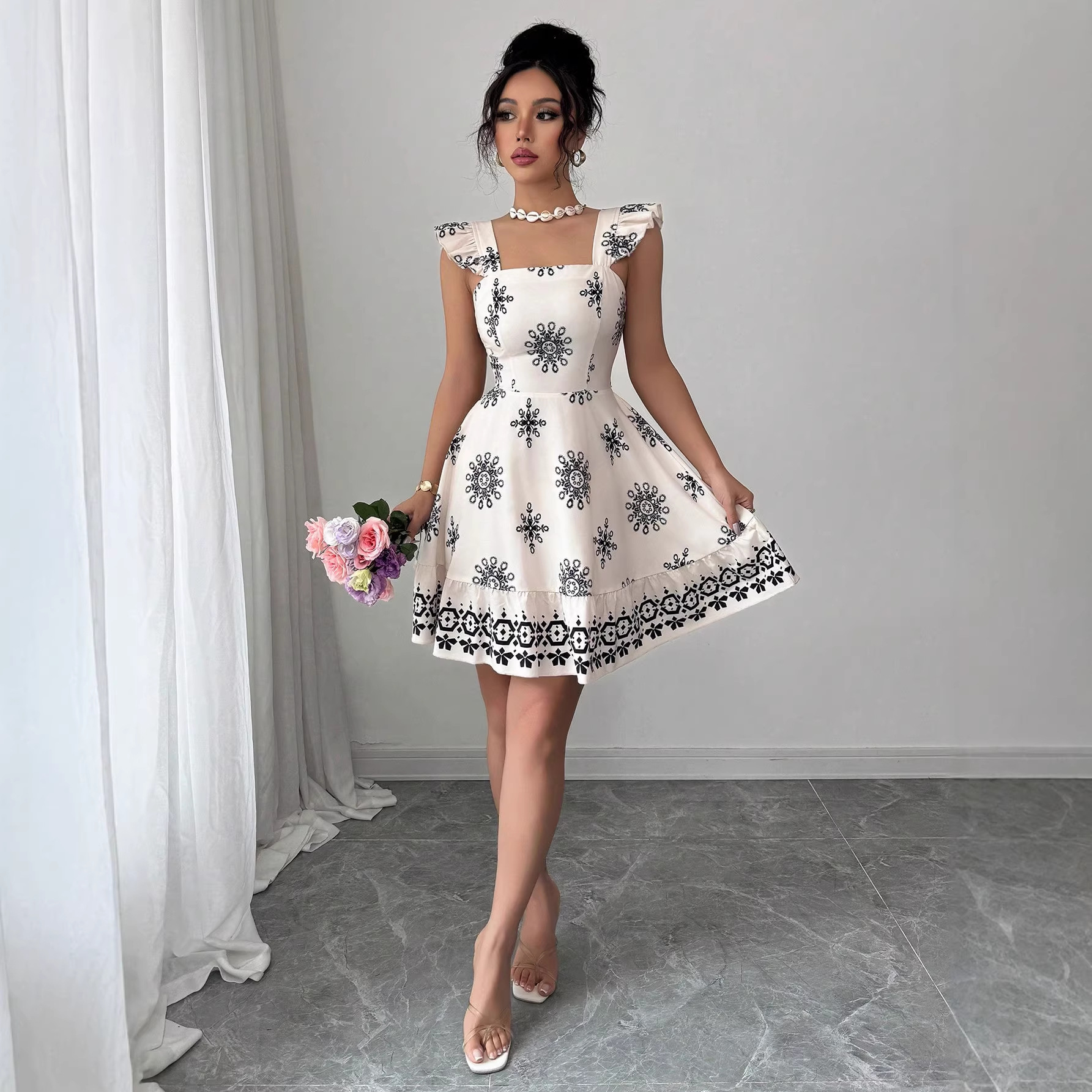 Floral Print Cami Dress with Ruffle Sleeves and Lace Trim