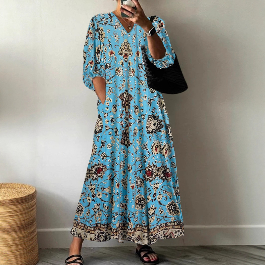 Women's V-Neck Floral Midi Dress Casual Long A-Line