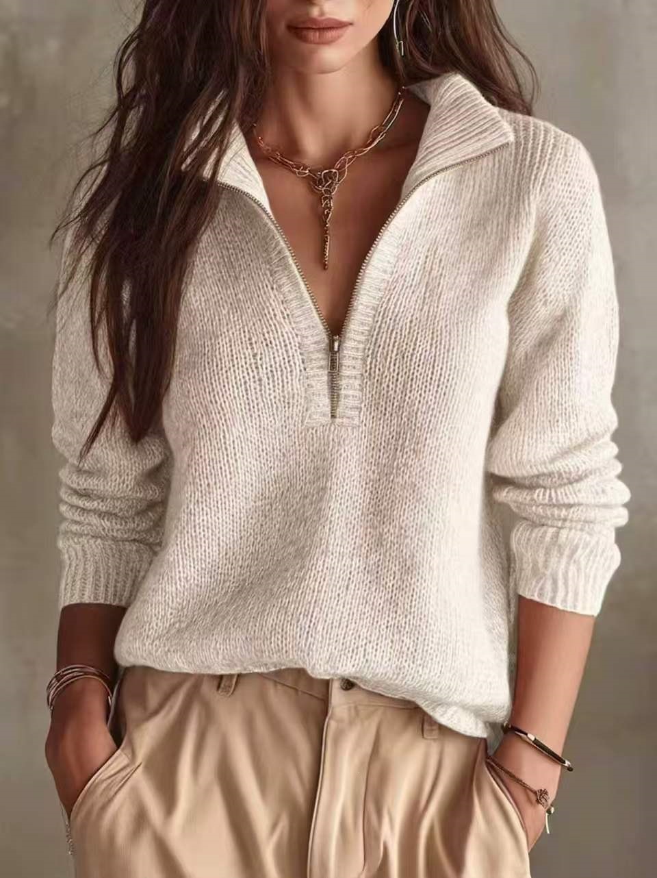 Slim-Fit Half-Zip Knit Pullover Solid Color Casual Top