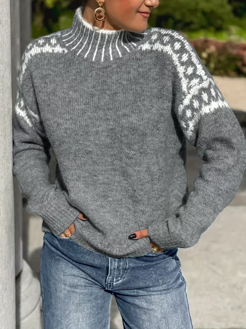 Women's Jacquard Crewneck Sweater Loose Soft Lazy Knit Top