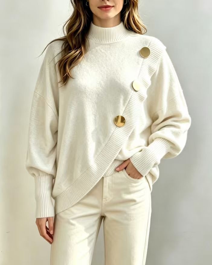 Elegant Button-Trim Crewneck Top for Women