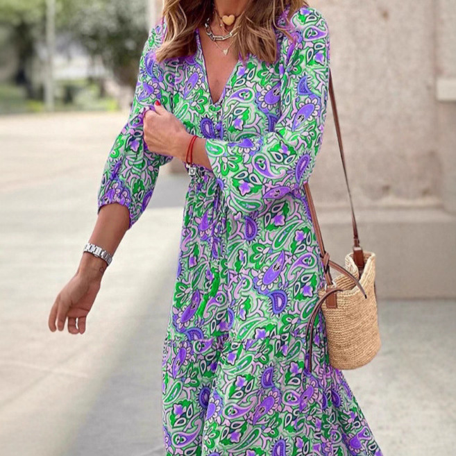Women's V-Neck Long Sleeve Bohemian Maxi Dress