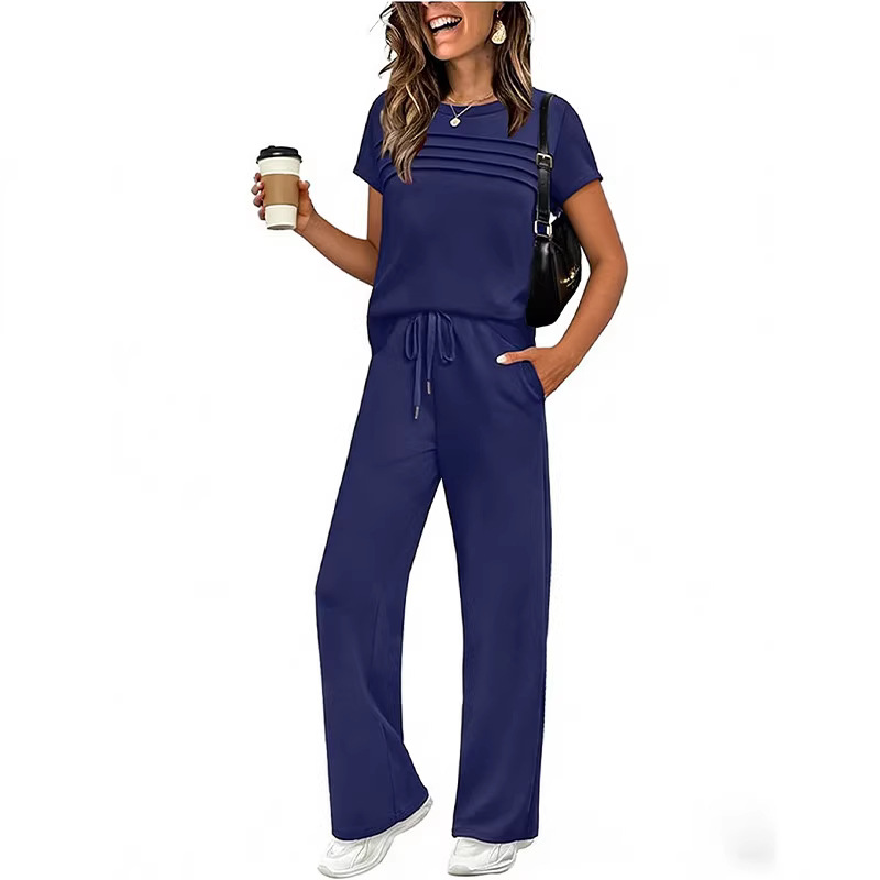 Women's Short Sleeve T-Shirt & Wide Leg Pants Set Casual Solid Color