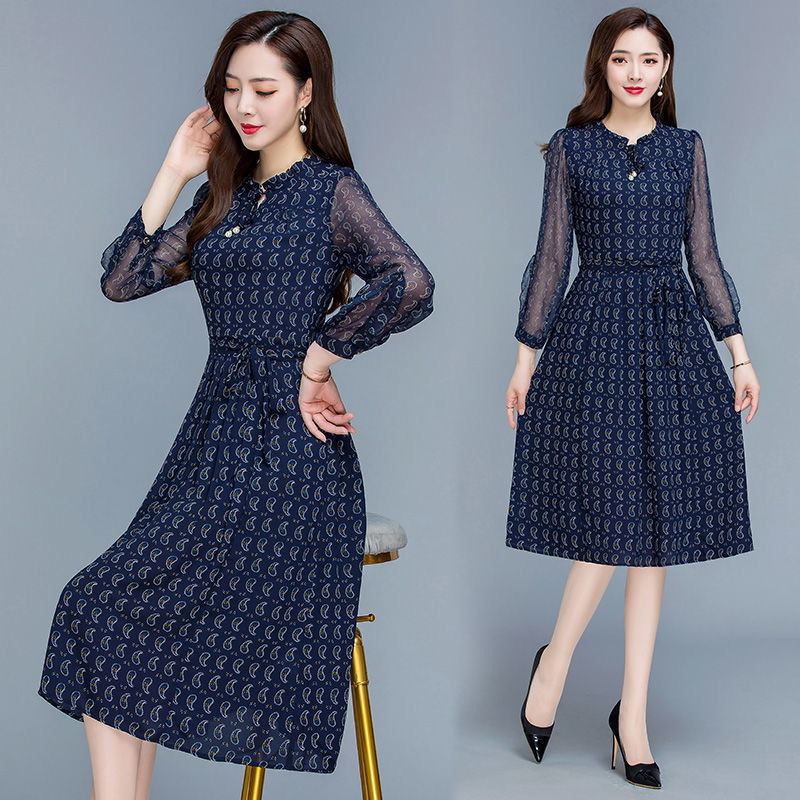 Floral Print A-Line Midi Dress with Mesh Splicing and Waist Tie