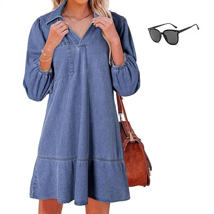 Women's Loose Denim Dress with V-Neck and 3/4 Bubble Sleeves