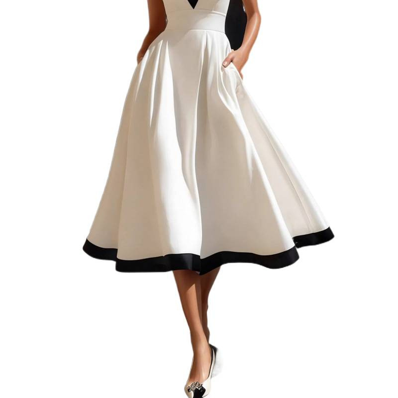 Color-Block V-Neck Sleeveless Midi Dress