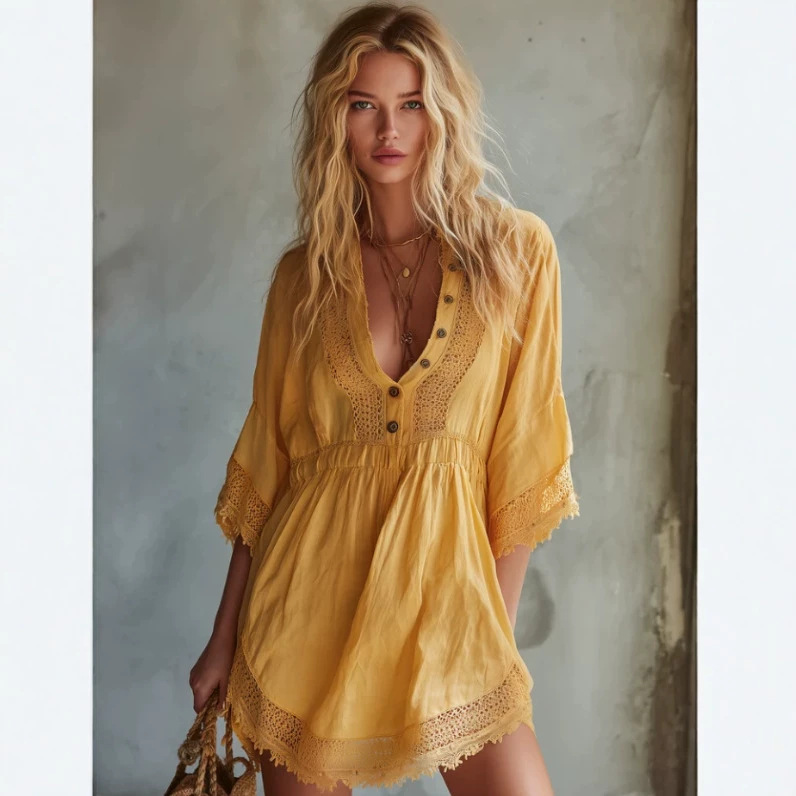 Western Lace Patchwork Shirt Dress V-Neck Short Sleeve