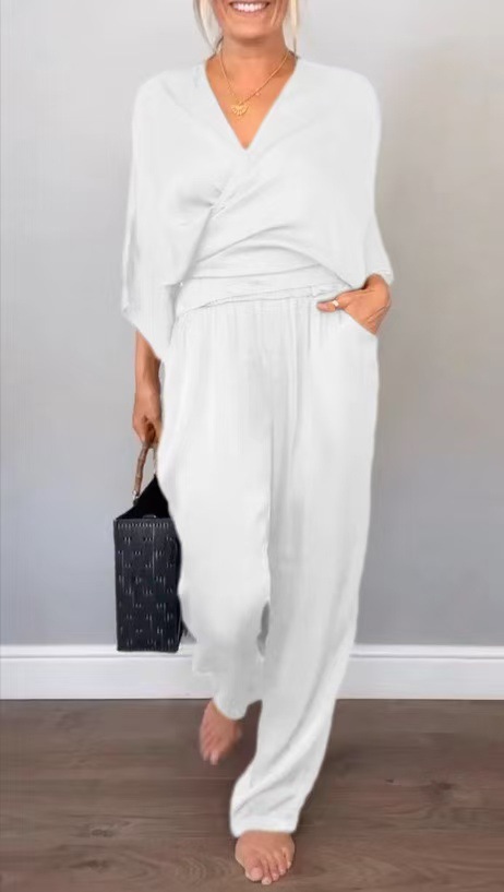 Women's Summer Satin Short Sleeve Top and Pants Set Solid Color