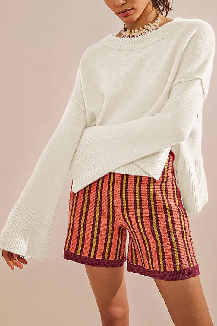 Solid Crewneck Bell Sleeve Knit Pullover Sweater