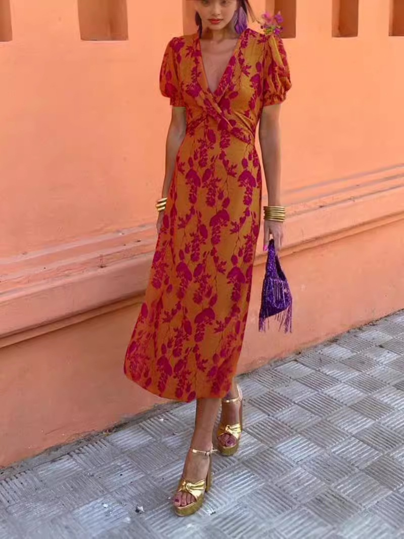 Women's Ruched Print V-Neck Short Sleeve Midi Dress