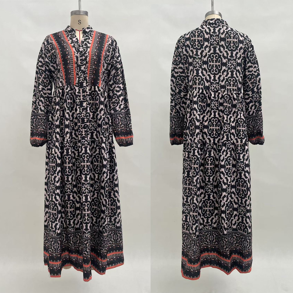 Plus Size V-Neck Floral Long Sleeve A-Line Maxi Dress
