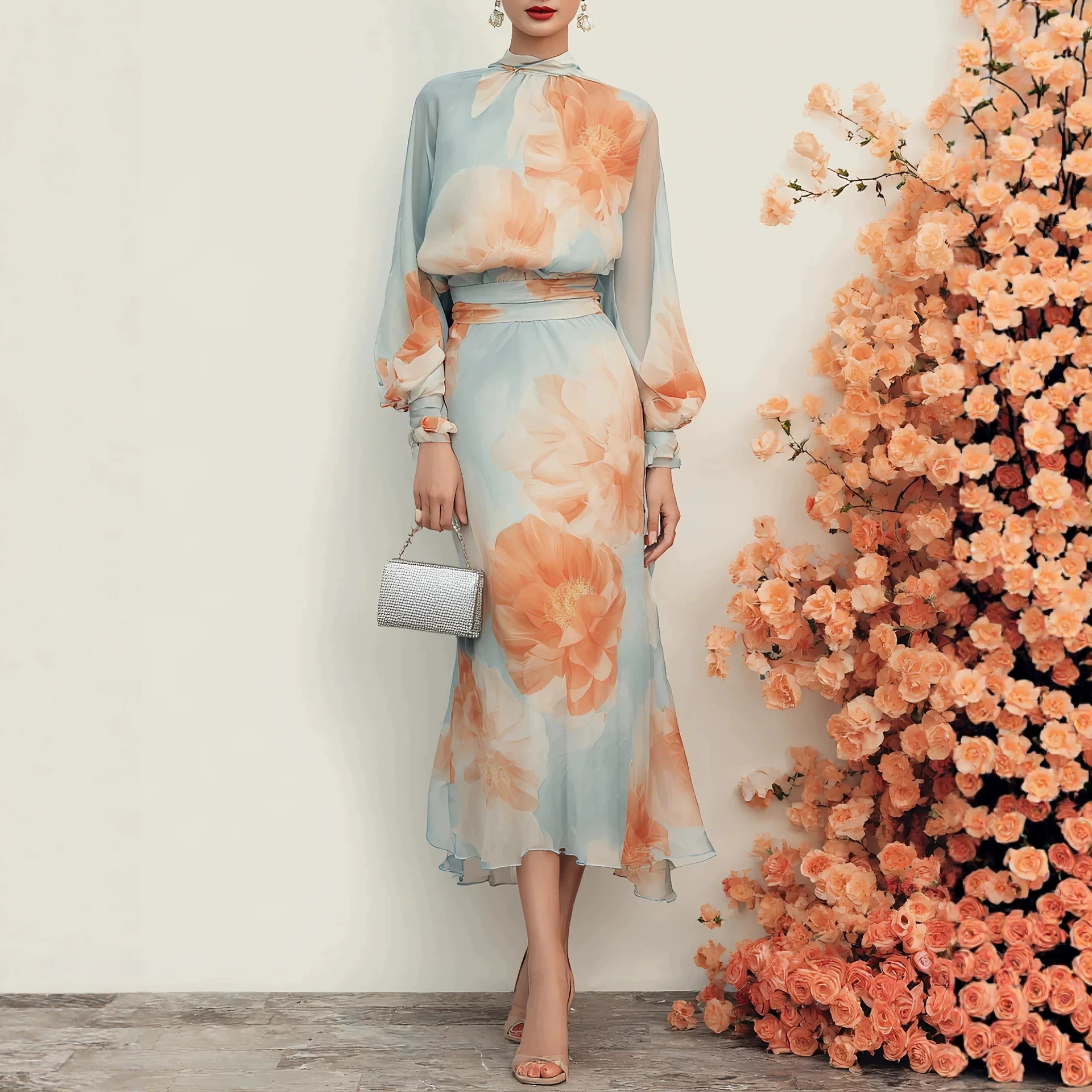 Blue Floral Chiffon Dress with Stand Collar, Puff Sleeves, Waist-Cinched Mermaid Hem