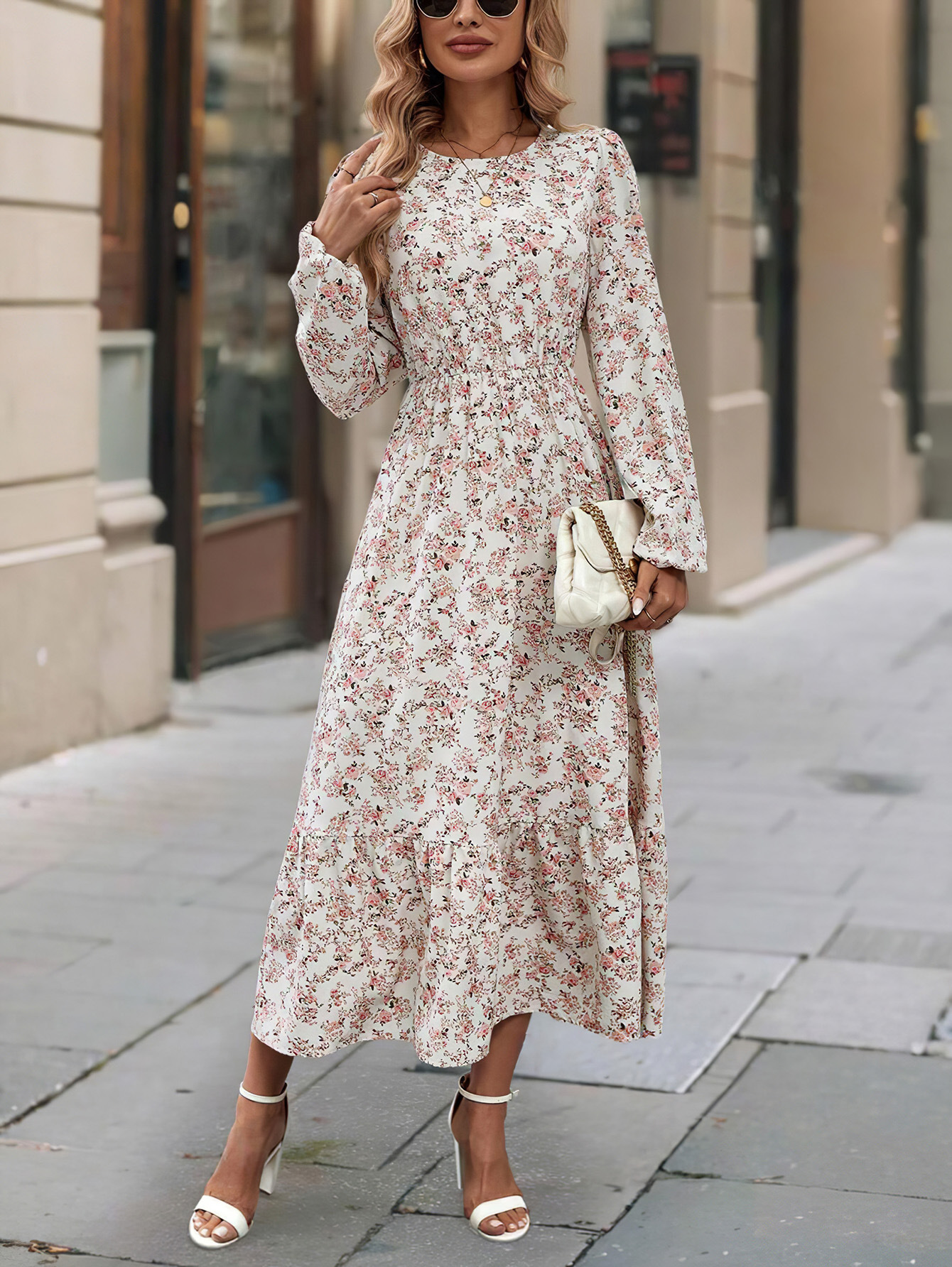 Women's Floral Print Round Neck Long Sleeve Ruffle Dress