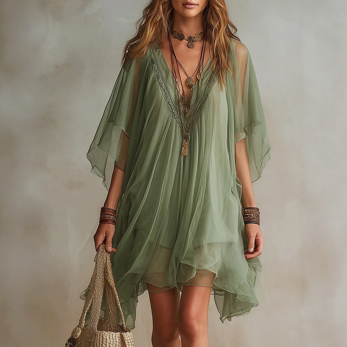 Green Chiffon Dress Women's V-Neck Loose Flowy Vacation Beach Midi Dress
