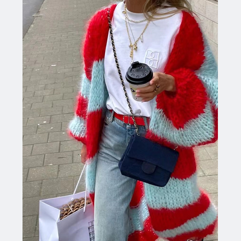 Color-Block Striped Knit Long Cardigan Sweater Coat