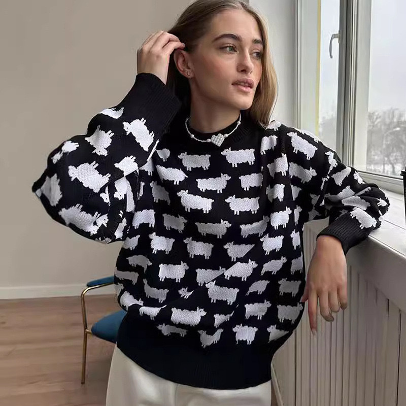 Alpaca Jacquard Crewneck Sweater Women's Loose Pullover