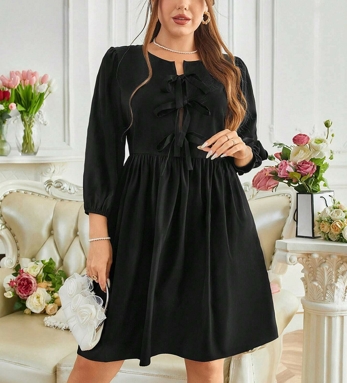 Plus Size Women's Long Sleeve A-Line Dress with Chest Tie Detail