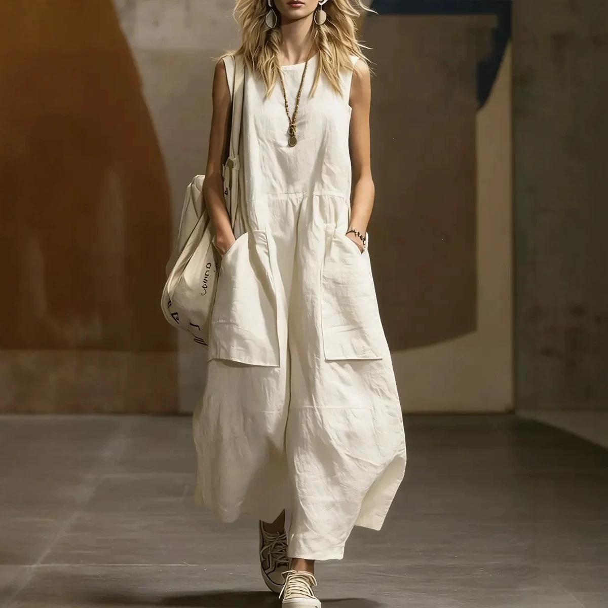 Women's Loose Sleeveless Cotton Linen Dress with 3D Pockets