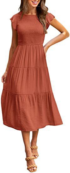 Women's Flutter Sleeve Ruched Tiered Short Sleeve Swing Dress