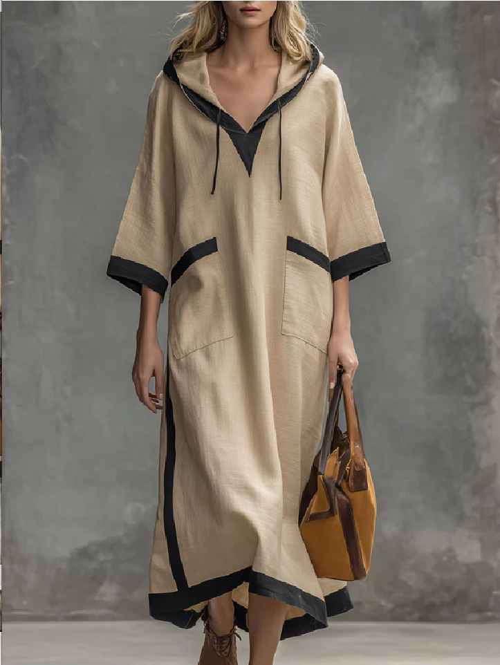 Hooded Long Dress Loose 3/4 Sleeve Color-Block Black Trim Relaxed Fit