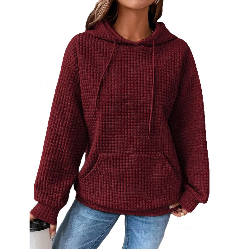 Women's Oversized Pullover Hoodie with Drawstring, Drop Shoulder, Kangaroo Pocket, Waffle Knit