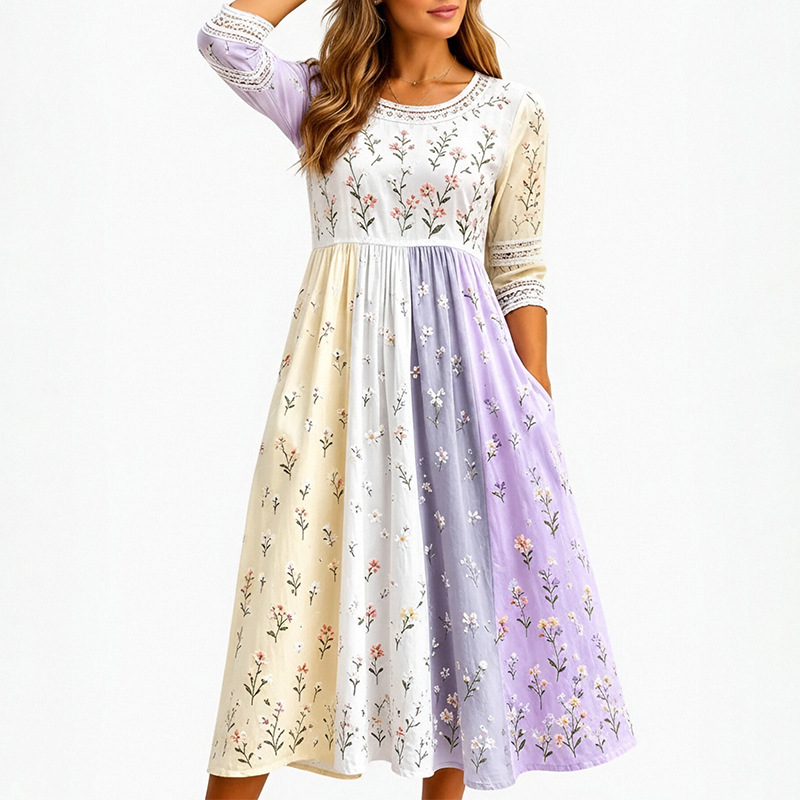Women's Summer Printed Patchwork French Style Dress Casual A-Line Midi