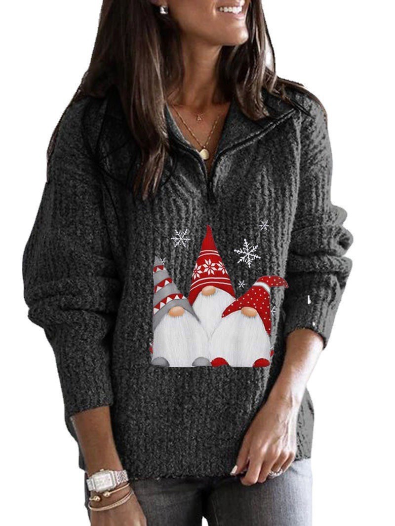 Christmas Santa Print Zip-Up Long-Sleeve Knit Sweater for Women