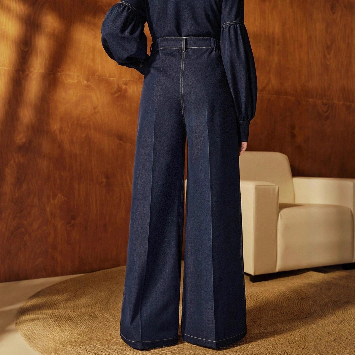 Raw Denim Wide-Leg Jeans High Waist Straight Loose Fit
