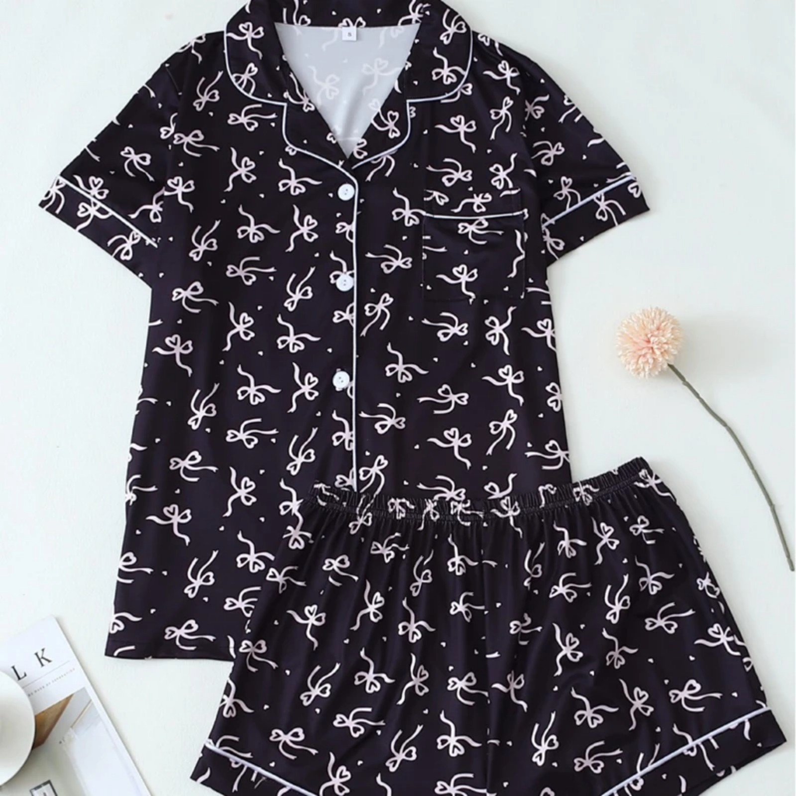 Women's Cuban Collar Bow Short Sleeve Shirt Set