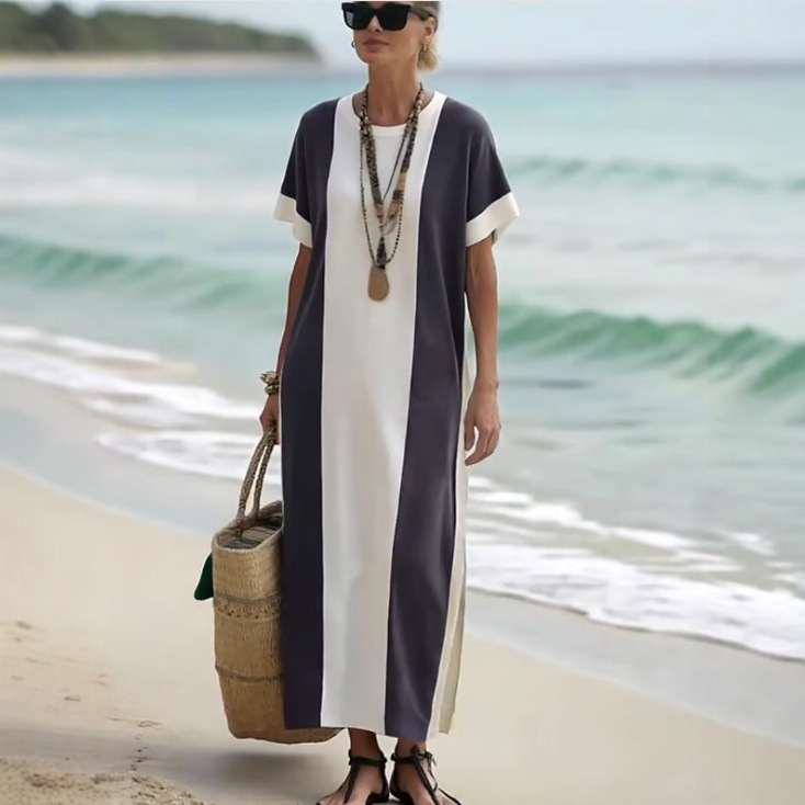 Women's Color-Block Print Round Neck Loose Midi Dress