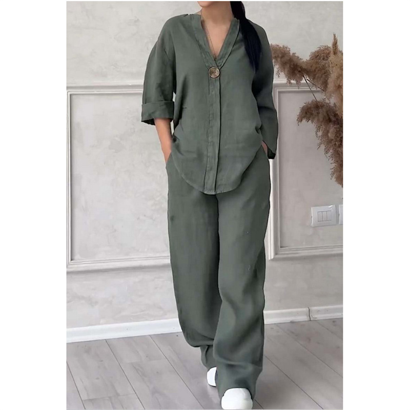 Women's Solid Color Short Sleeve Shirt and Long Pants Set Casual Two-Piece Outfit