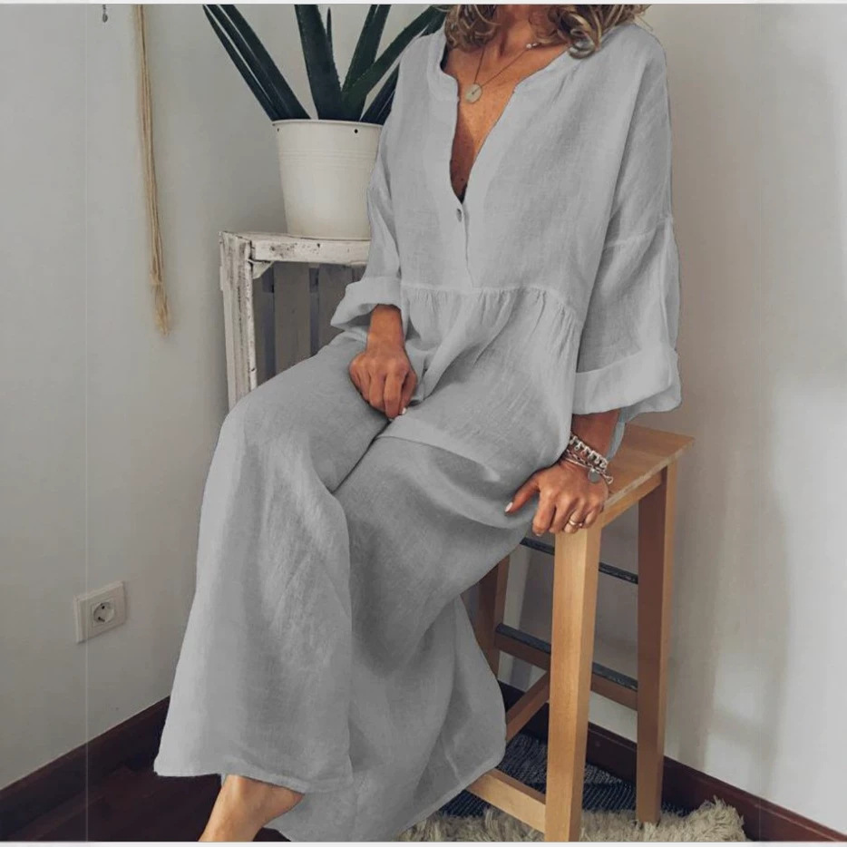 Solid Long Sleeve V-Neck Button A-Line Maxi Dress