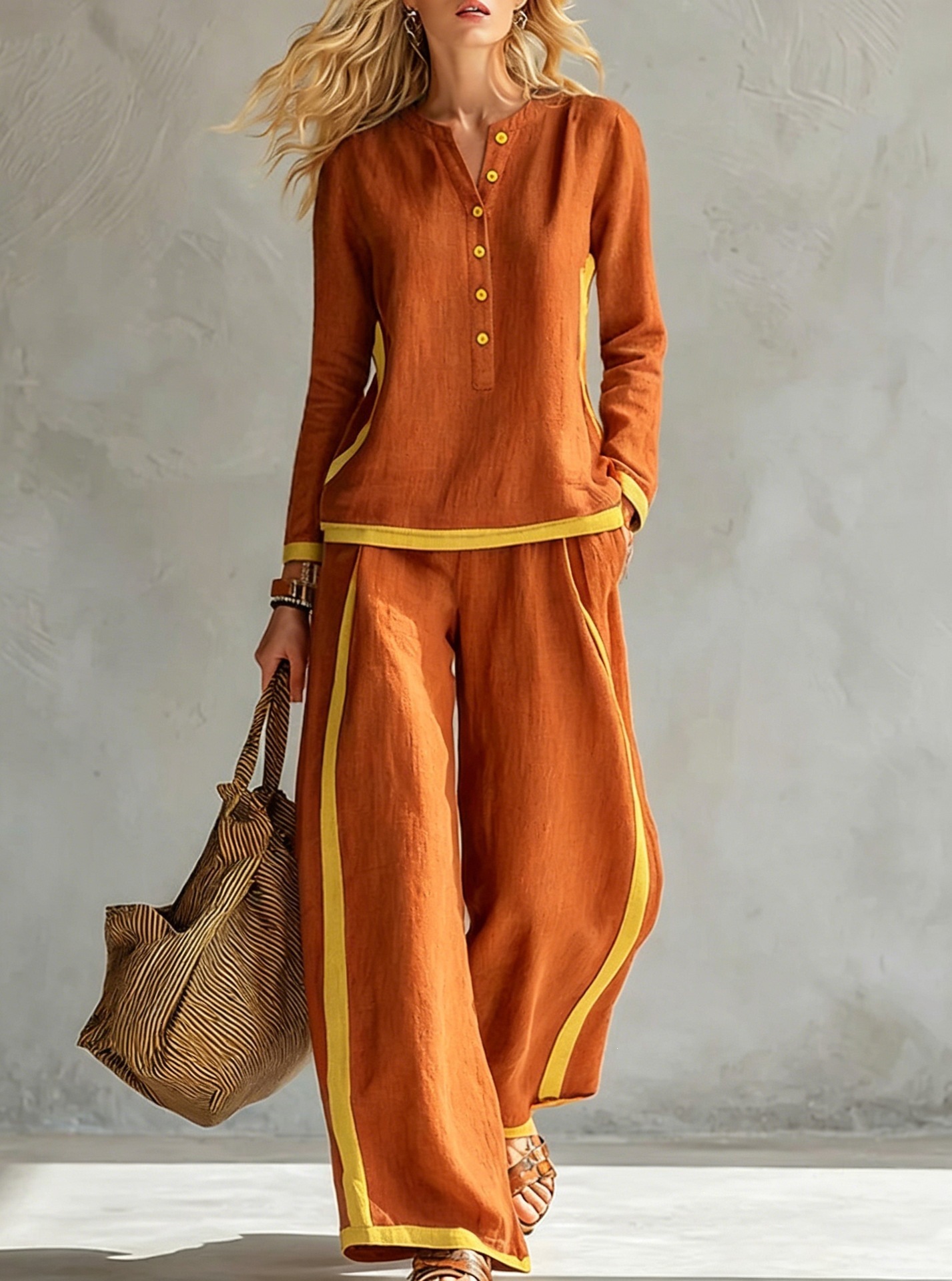 Women's Color-Block Cotton-Linen Two-Piece Set Button-Front Stand Collar Long Sleeve Top & Side-Striped