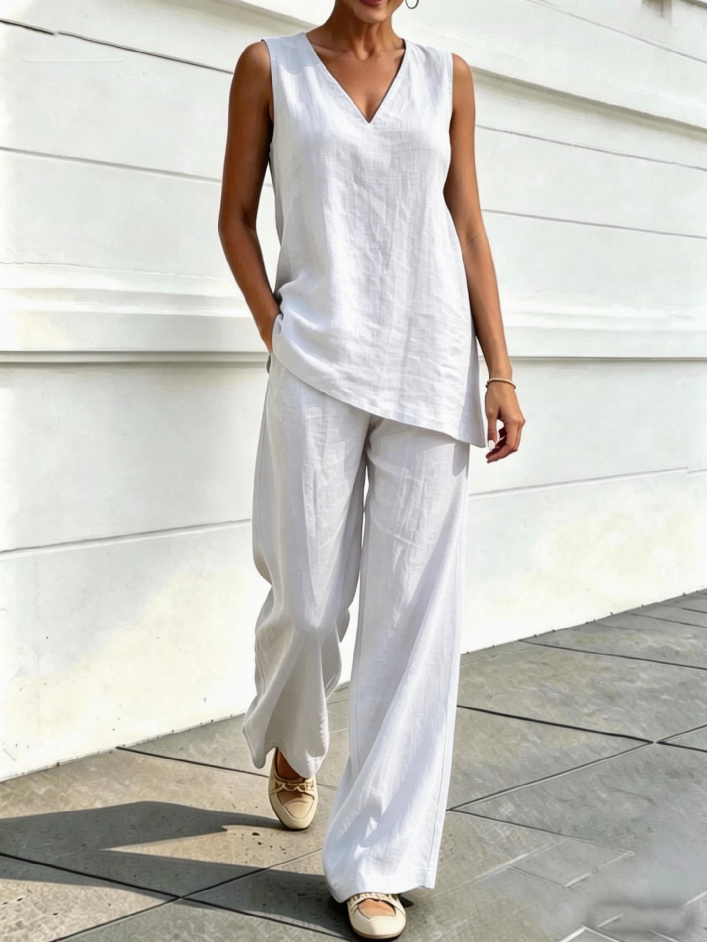 Women's V-Neck Sleeveless Top and Wide-Leg Pants Two-Piece Set